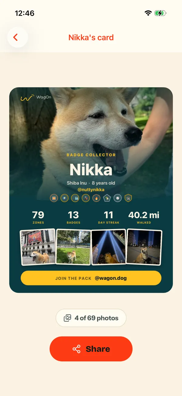 A shareable card for Nikka the Shiba Inu: 79 zones, 13 badges, 40.2 miles walked