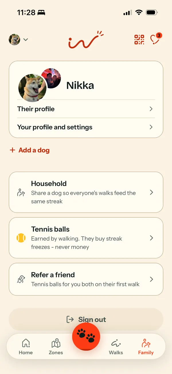 The Family tab: a dog shared with the household, tennis balls, and inviting a friend