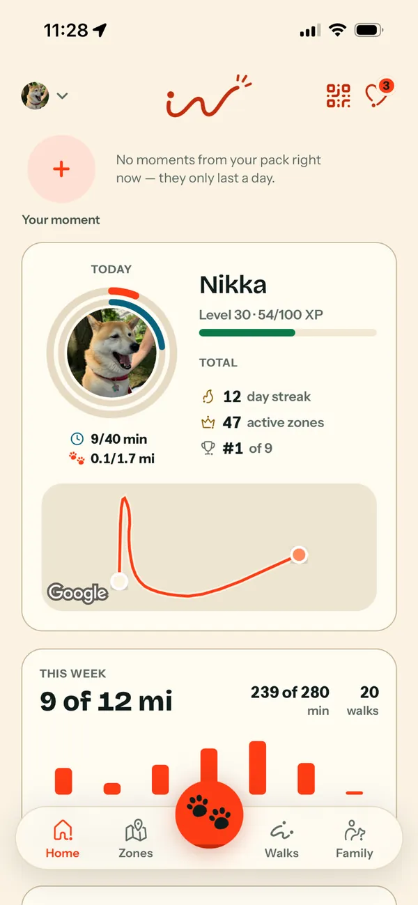 WagOn Home: today’s walk ring, a 12 day streak and 47 zones held
