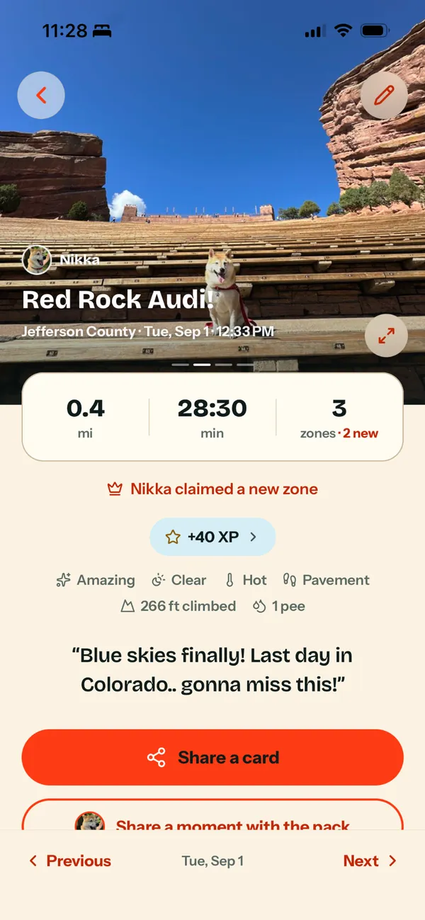 A walk at Red Rocks, Colorado: 0.4 miles, 28 minutes, 3 zones, 2 of them new