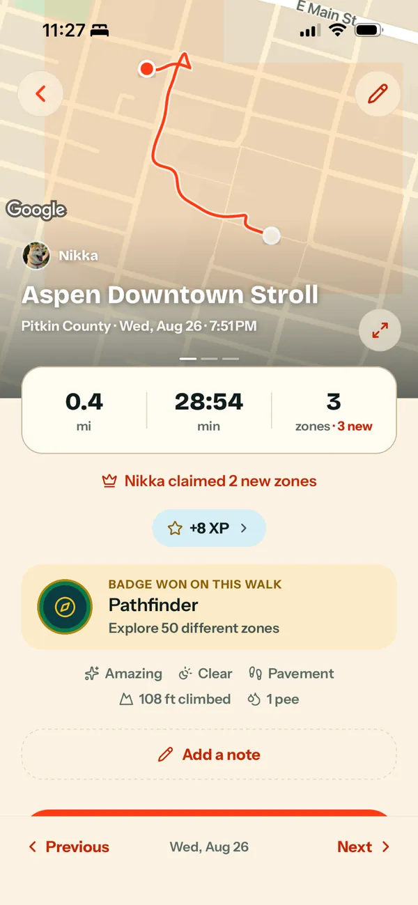 A walk summary from Aspen: the route on a map, 3 new zones and the Pathfinder badge