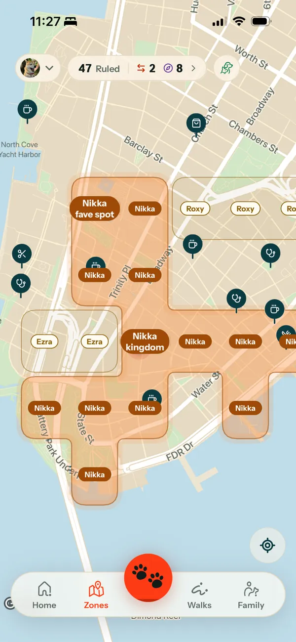 The Wag Zones map of lower Manhattan, with the zones each dog is Mayor of